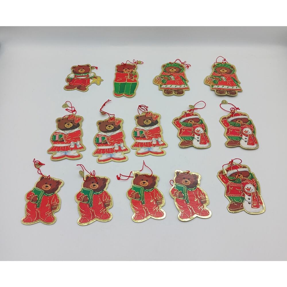 Cute Lot of 14 Vintage 1988 Dakin Bear Flat Double Sided Christmas Ornaments